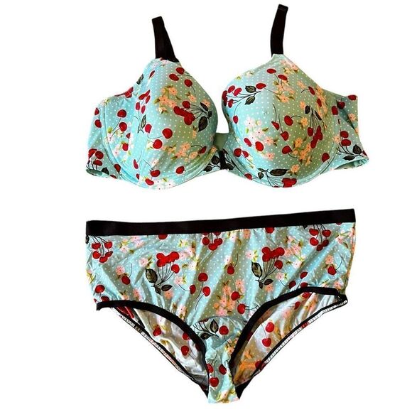 Torrid 40D T-Shirt Bra & Large Cheeky XO Back Panty Teal Cherry Floral Print - Picture 1 of 10